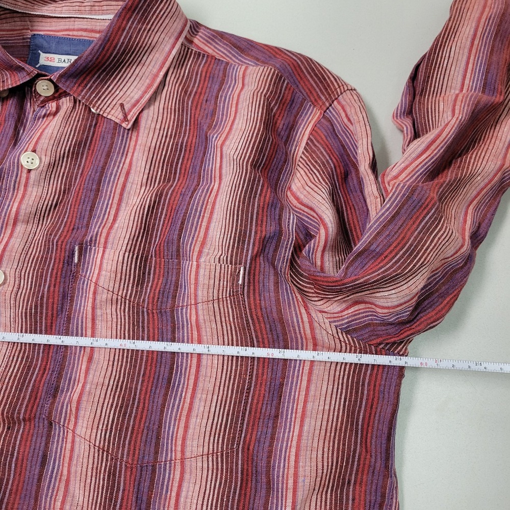 32 Bar Blues Mens M Medium 100% Linen Long Sleeve Pink Stripe Shirt - Picture 6 of 8